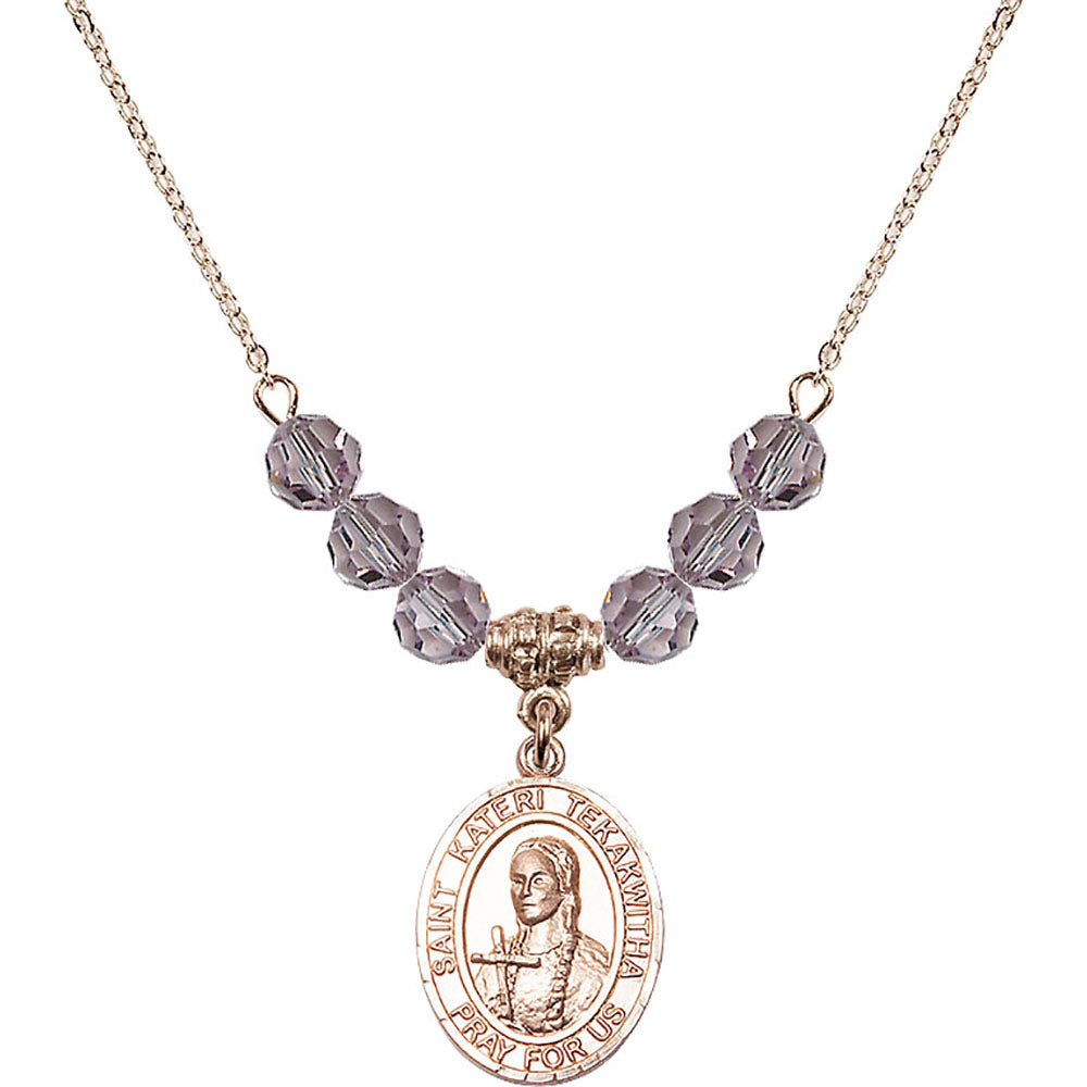 14kt Gold Filled Saint Kateri Tekakwitha Birthstone Necklace with Light Amethyst Beads - 8438