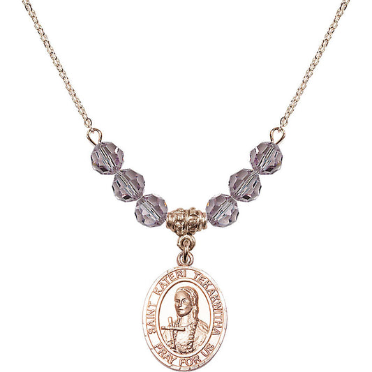 14kt Gold Filled Saint Kateri Tekakwitha Birthstone Necklace with Light Amethyst Beads - 8438