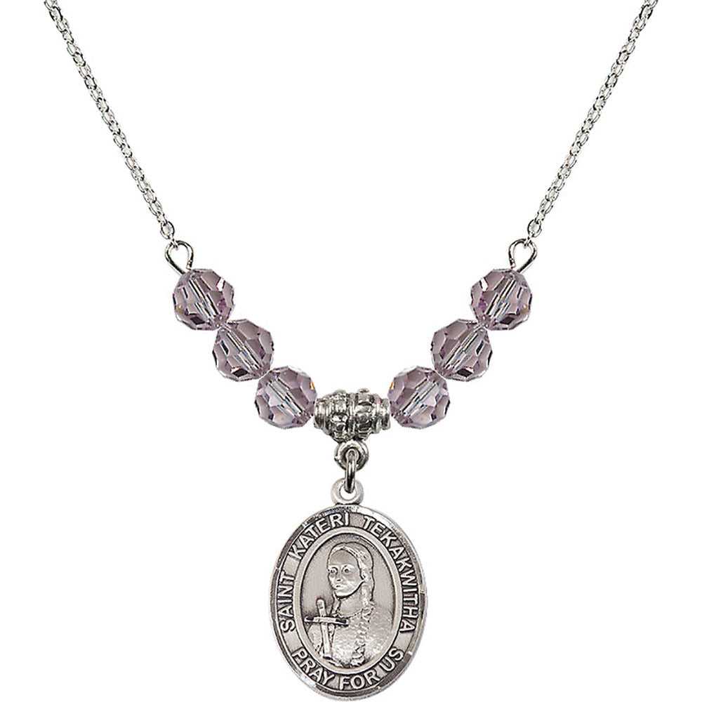 Sterling Silver Saint Kateri Tekakwitha Birthstone Necklace with Light Amethyst Beads - 8438