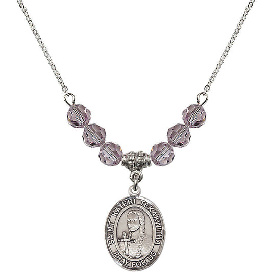 Sterling Silver Saint Kateri Tekakwitha Birthstone Necklace with Light Amethyst Beads - 8438