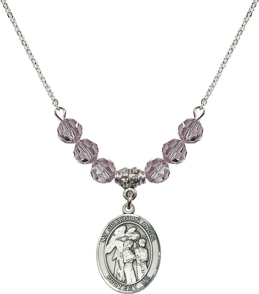 Sterling Silver Guardian Angel w/Children Birthstone Necklace with Light Amethyst Beads - 8439
