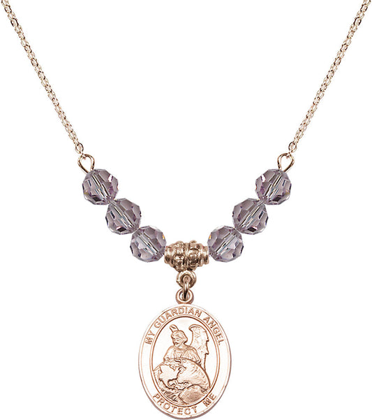 14kt Gold Filled Guardian Angel Protector Birthstone Necklace with Light Amethyst Beads - 8440