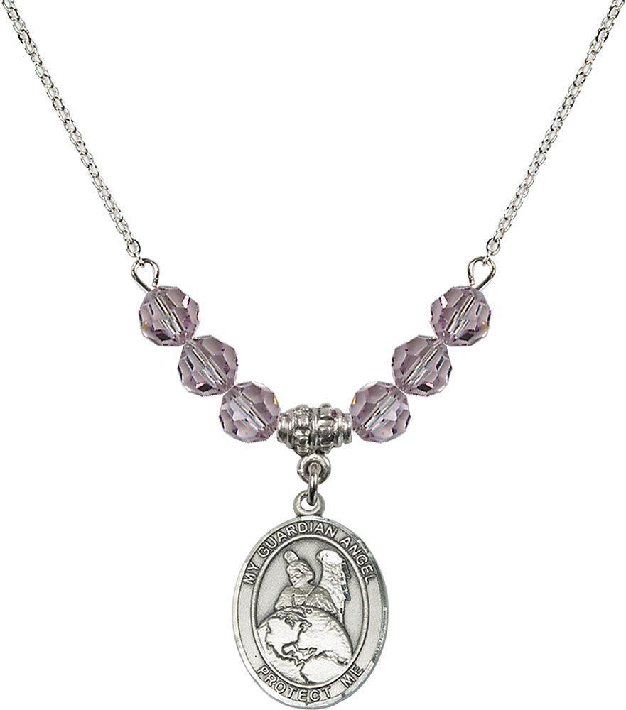 Sterling Silver Guardian Angel Protector Birthstone Necklace with Light Amethyst Beads - 8440
