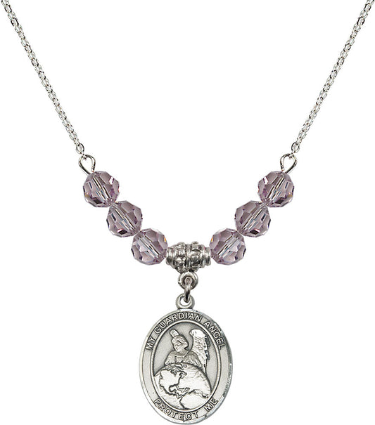 Sterling Silver Guardian Angel Protector Birthstone Necklace with Light Amethyst Beads - 8440