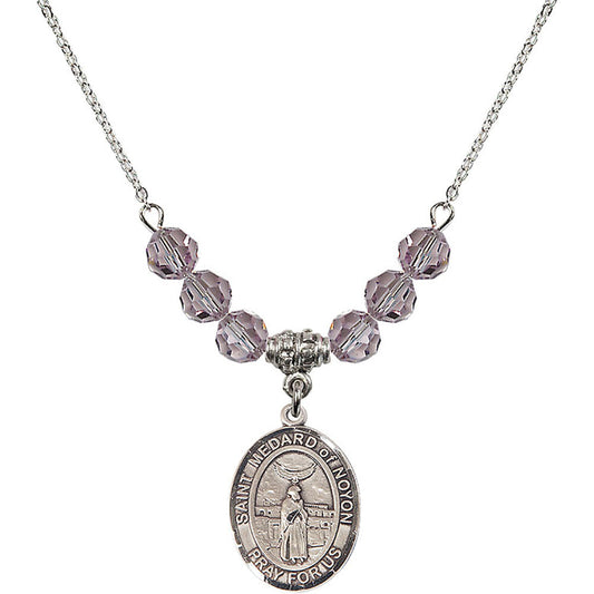 Sterling Silver Saint Medard of Noyon Birthstone Necklace with Light Amethyst Beads - 8444