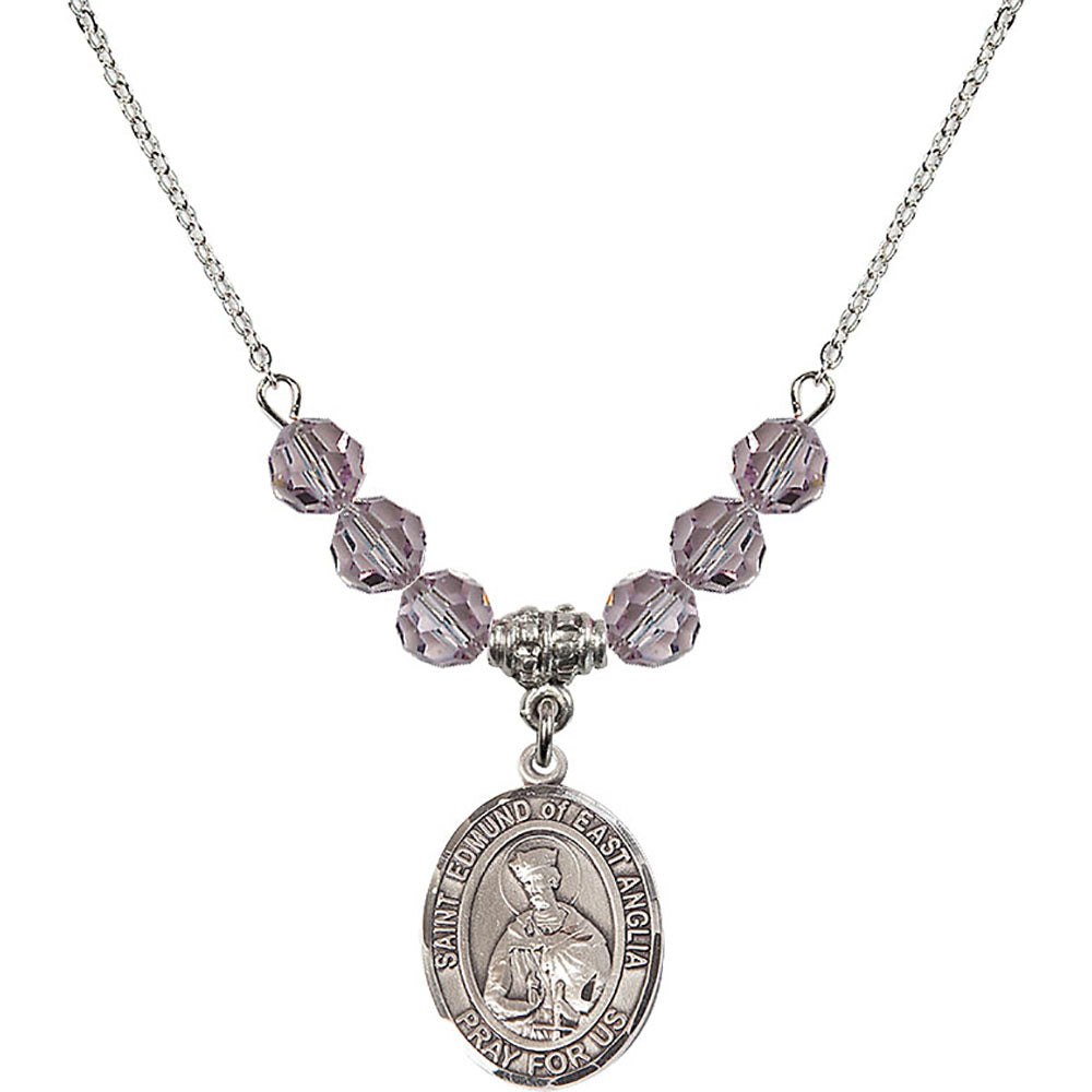 Sterling Silver Saint Edmund of East Anglia Birthstone Necklace with Light Amethyst Beads - 8445