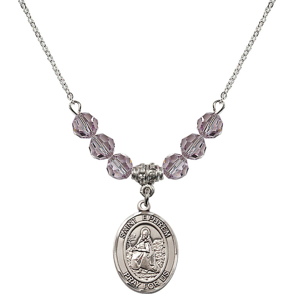 Sterling Silver Saint Ephrem Birthstone Necklace with Light Amethyst Beads - 8449
