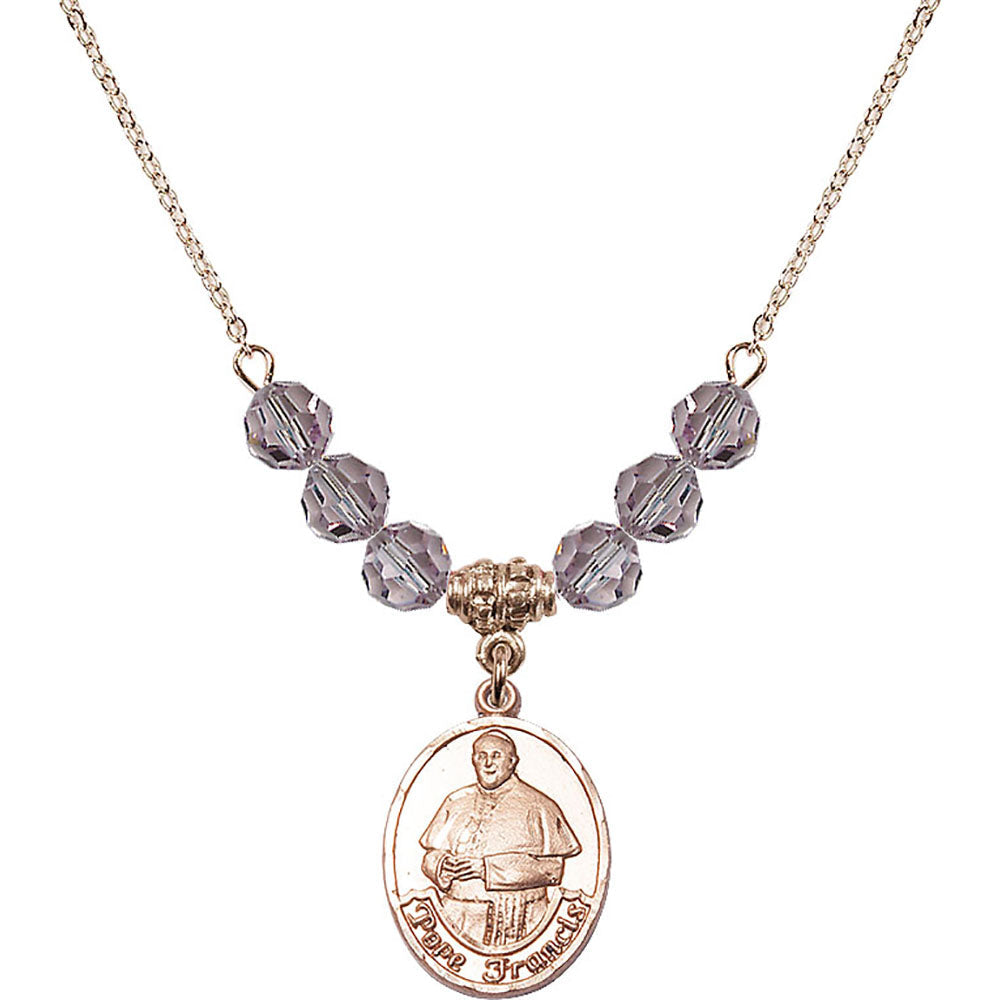 14kt Gold Filled Pope Francis Birthstone Necklace with Light Amethyst Beads - 8451