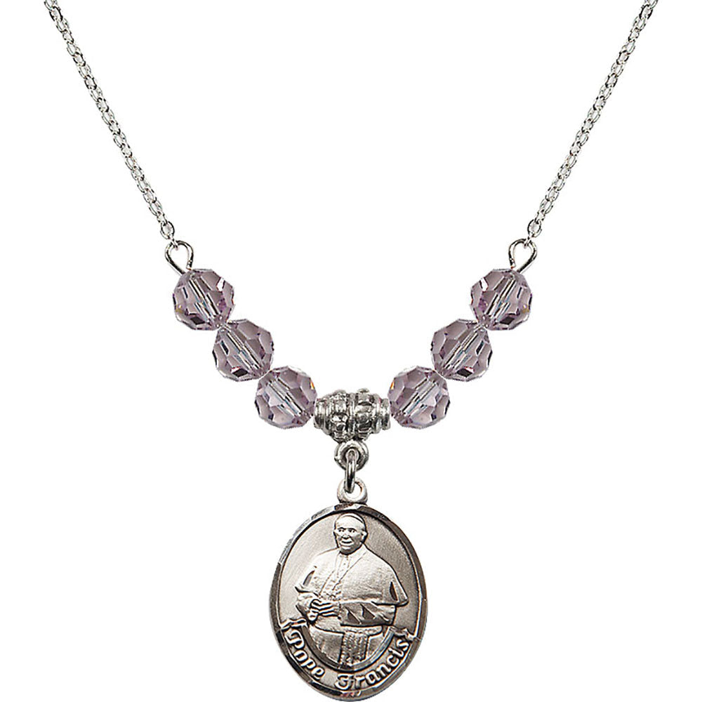 Sterling Silver Pope Francis Birthstone Necklace with Light Amethyst Beads - 8451