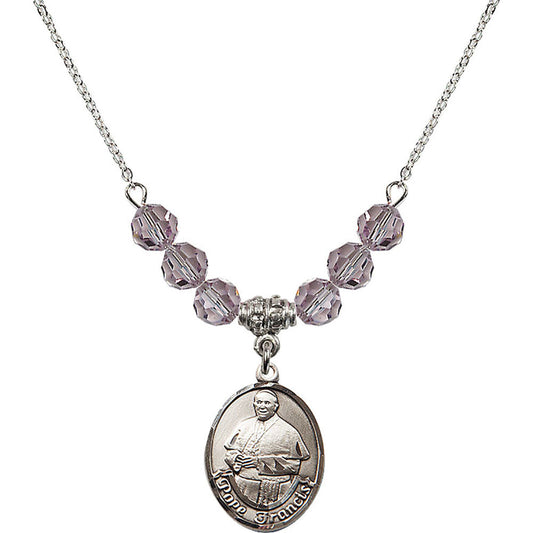 Sterling Silver Pope Francis Birthstone Necklace with Light Amethyst Beads - 8451