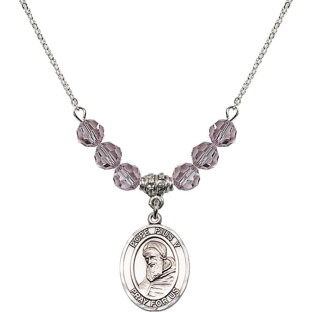 Sterling Silver Saint Pius V Birthstone Necklace with Light Amethyst Beads - 8452