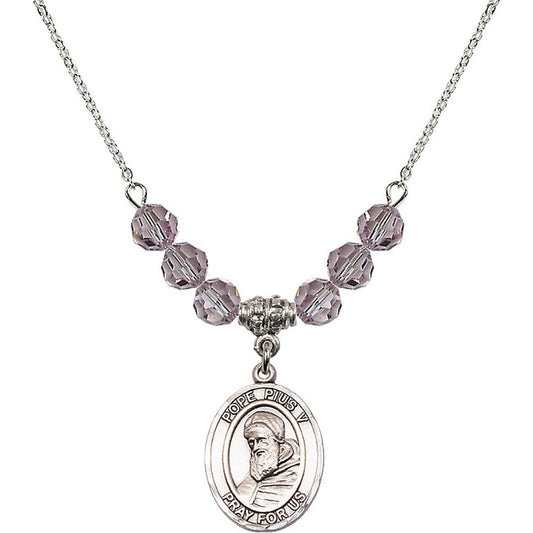Sterling Silver Saint Pius V Birthstone Necklace with Light Amethyst Beads - 8452