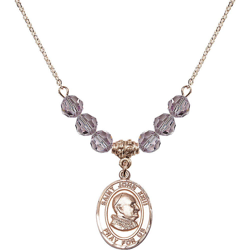 14kt Gold Filled Saint John XXIII Birthstone Necklace with Light Amethyst Beads - 8455