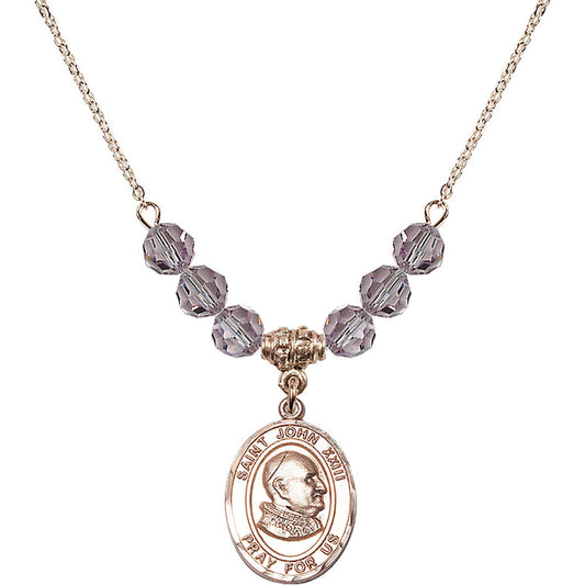 14kt Gold Filled Saint John XXIII Birthstone Necklace with Light Amethyst Beads - 8455