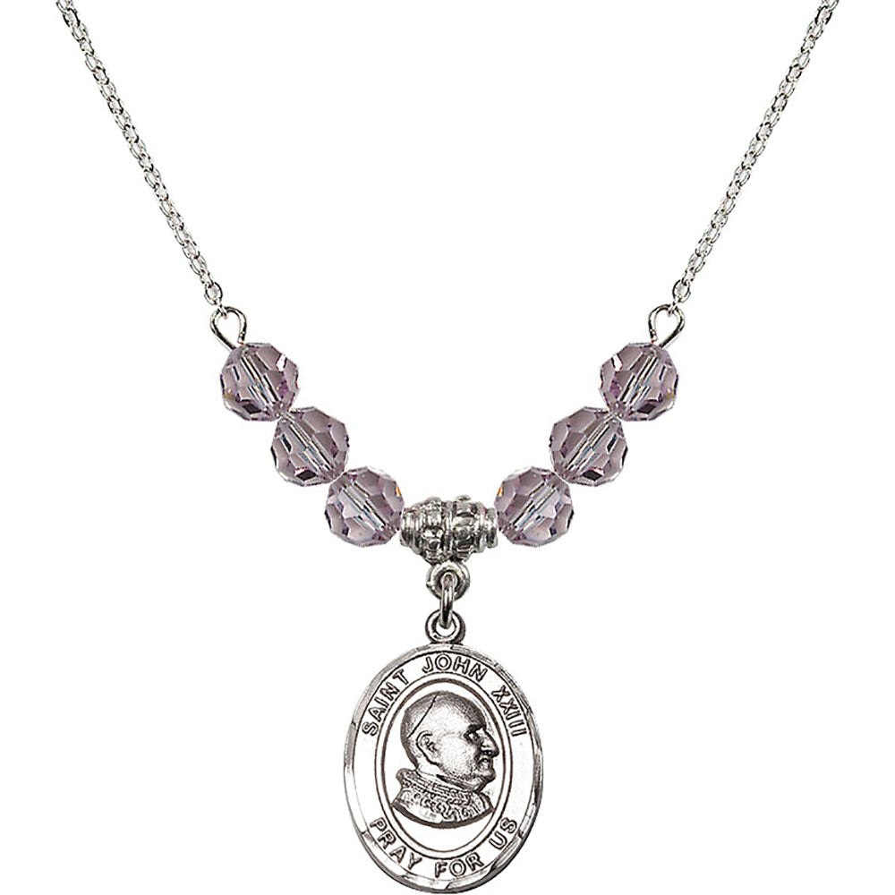 Sterling Silver Saint John XXIII Birthstone Necklace with Light Amethyst Beads - 8455