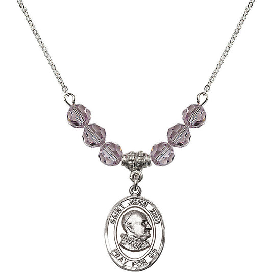 Sterling Silver Saint John XXIII Birthstone Necklace with Light Amethyst Beads - 8455