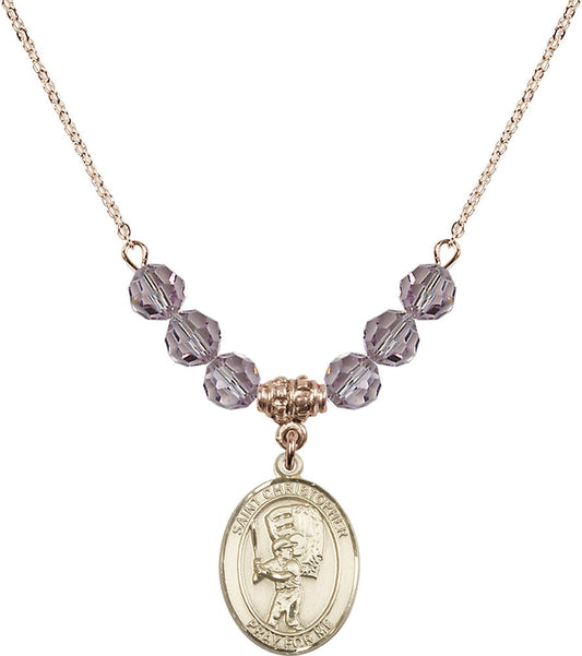 14kt Gold Filled Saint Christopher/Baseball Birthstone Necklace with Light Amethyst Beads - 8500