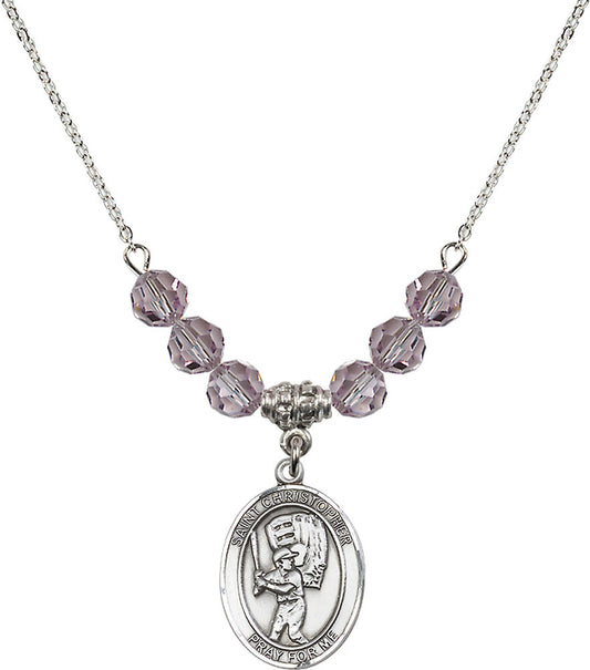 Sterling Silver Saint Christopher/Baseball Birthstone Necklace with Light Amethyst Beads - 8500