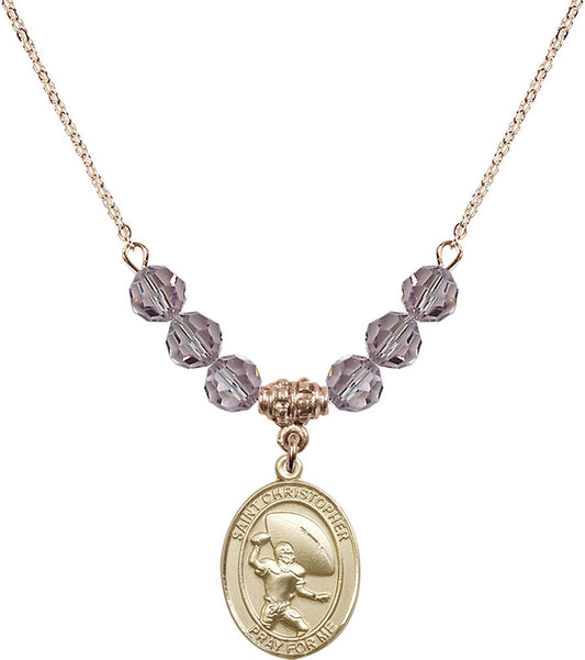 14kt Gold Filled Saint Christopher / Football Birthstone Necklace with Light Amethyst Beads - 8501