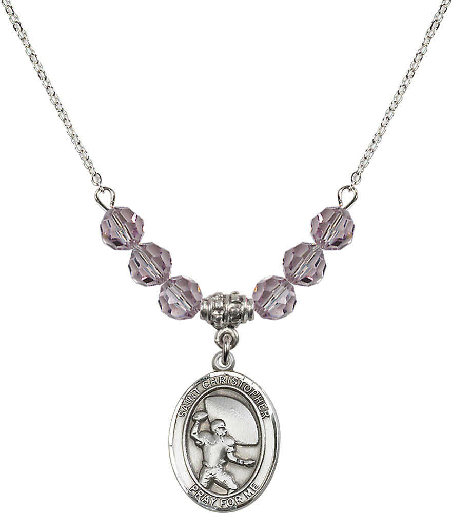 Sterling Silver Saint Christopher / Football Birthstone Necklace with Light Amethyst Beads - 8501