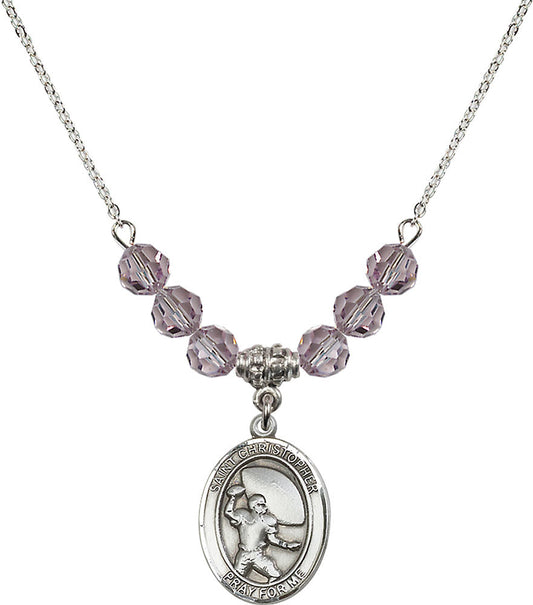 Sterling Silver Saint Christopher / Football Birthstone Necklace with Light Amethyst Beads - 8501