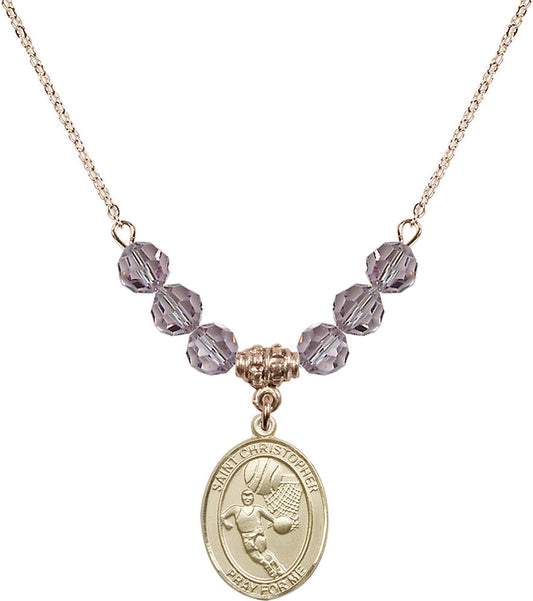 14kt Gold Filled Saint Christopher/Basketball Birthstone Necklace with Light Amethyst Beads - 8502