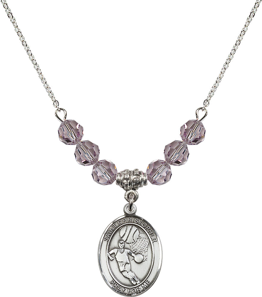 Sterling Silver Saint Christopher/Basketball Birthstone Necklace with Light Amethyst Beads - 8502