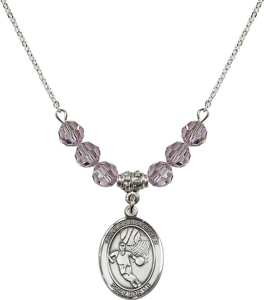 Sterling Silver Saint Christopher/Basketball Birthstone Necklace with Light Amethyst Beads - 8502