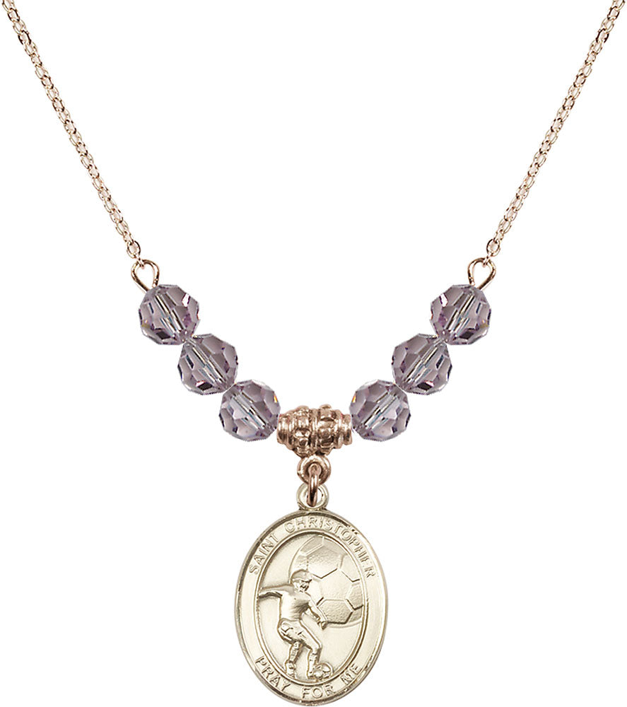 14kt Gold Filled Saint Christopher/Soccer Birthstone Necklace with Light Amethyst Beads - 8503
