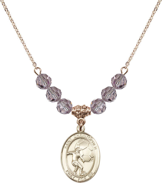 14kt Gold Filled Saint Christopher/Soccer Birthstone Necklace with Light Amethyst Beads - 8503