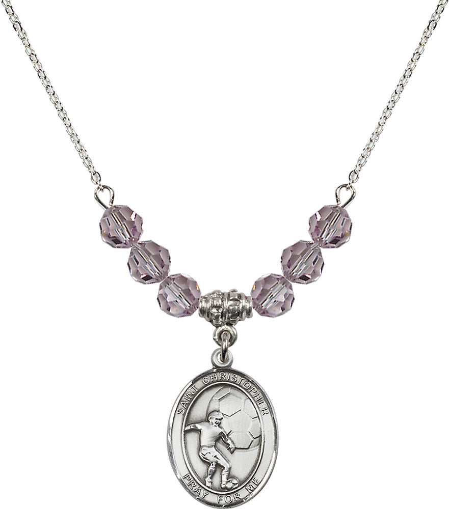 Sterling Silver Saint Christopher/Soccer Birthstone Necklace with Light Amethyst Beads - 8503