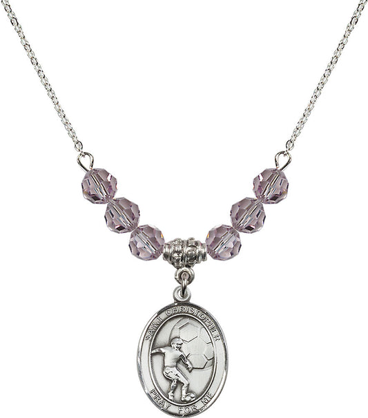 Sterling Silver Saint Christopher/Soccer Birthstone Necklace with Light Amethyst Beads - 8503