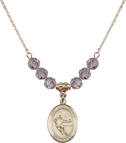 14kt Gold Filled Saint Christopher/Hockey Birthstone Necklace with Light Amethyst Beads - 8504