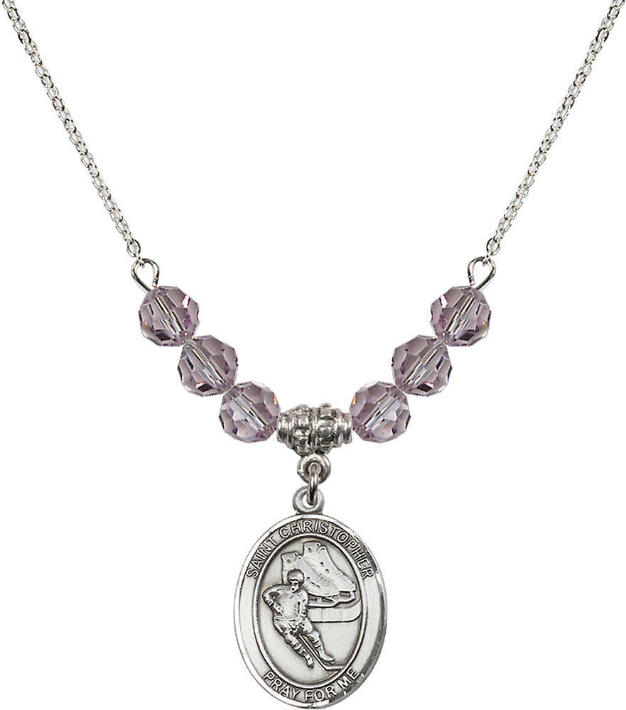 Sterling Silver Saint Christopher/Hockey Birthstone Necklace with Light Amethyst Beads - 8504