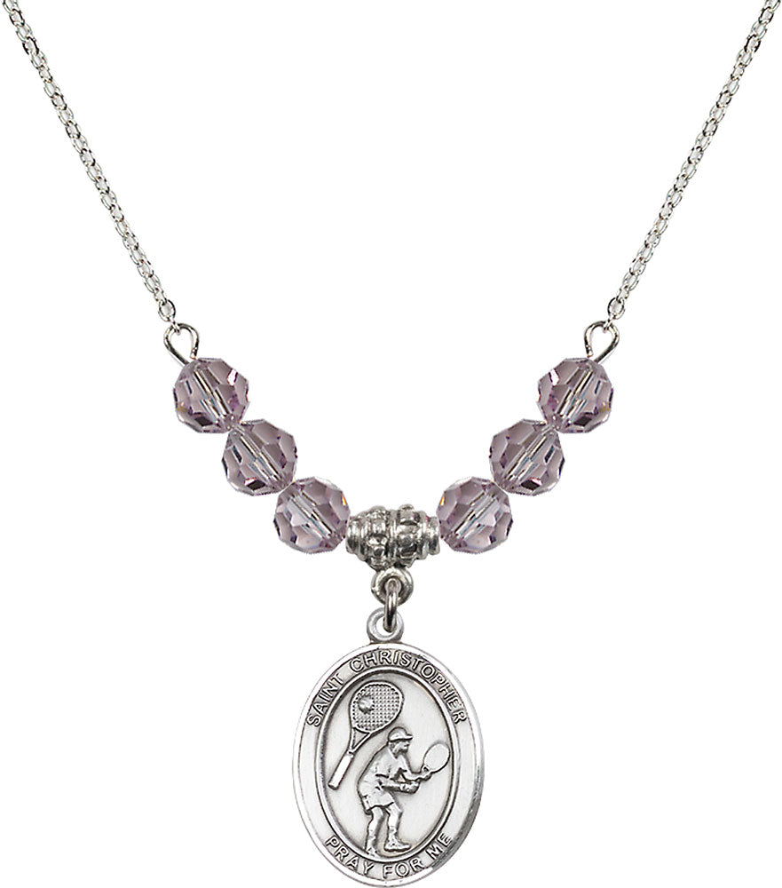 Sterling Silver Saint Christopher/Tennis Birthstone Necklace with Light Amethyst Beads - 8505