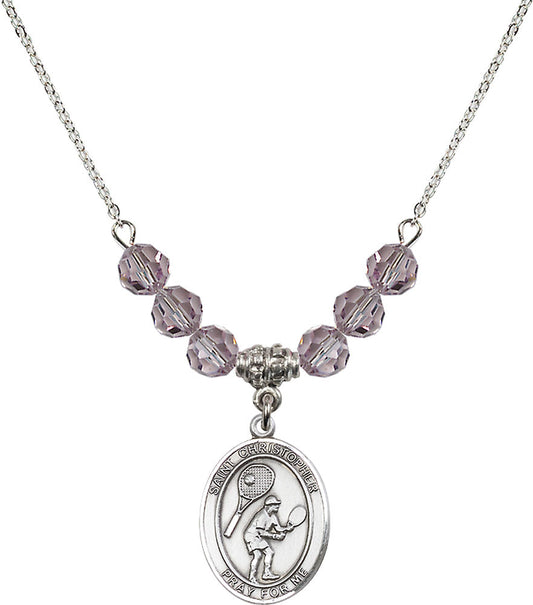Sterling Silver Saint Christopher/Tennis Birthstone Necklace with Light Amethyst Beads - 8505