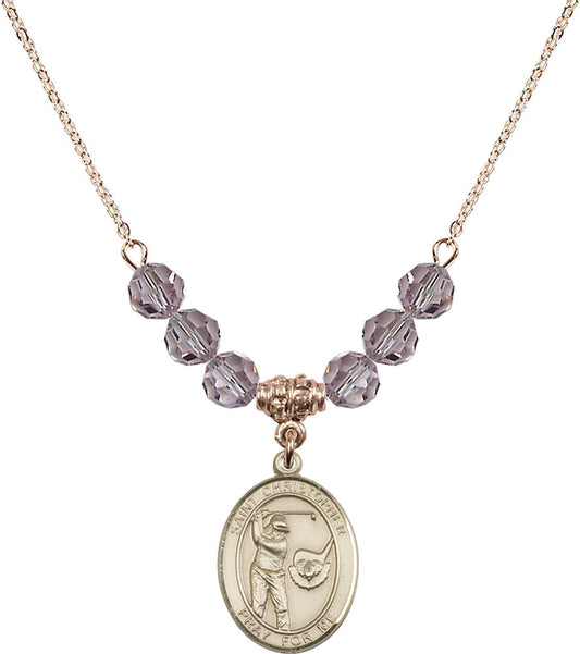 14kt Gold Filled Saint Christopher/Golf Birthstone Necklace with Light Amethyst Beads - 8506