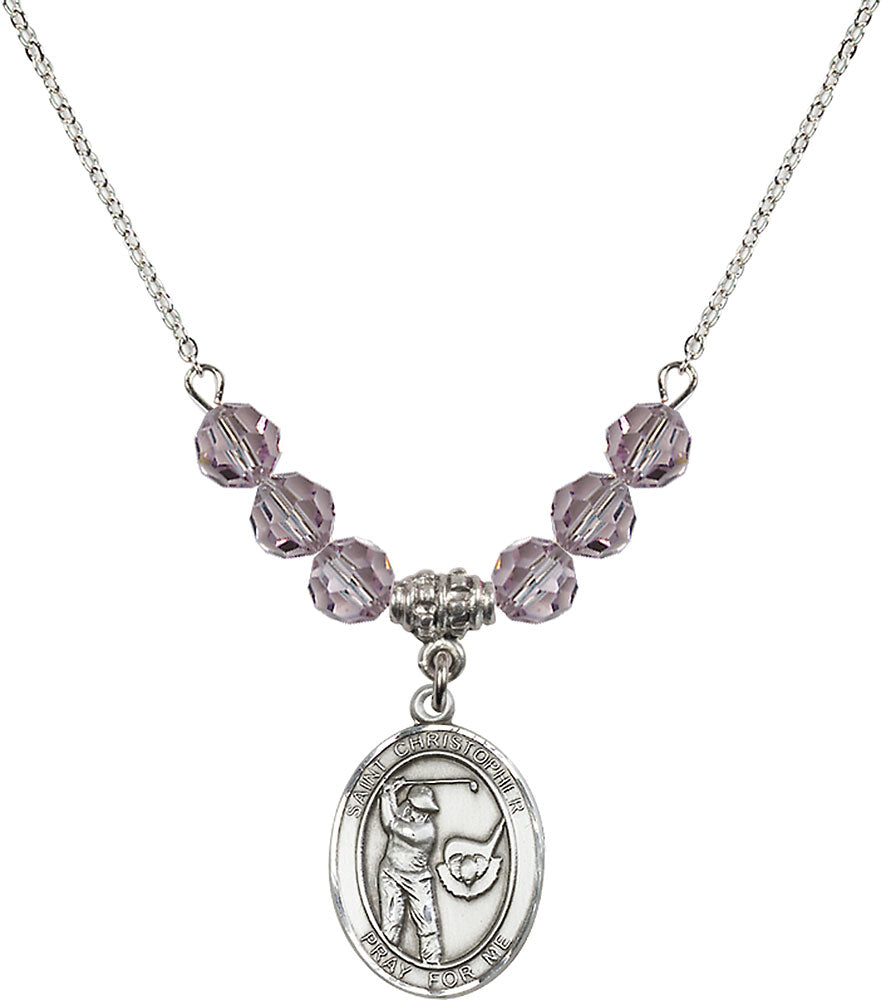 Sterling Silver Saint Christopher/Golf Birthstone Necklace with Light Amethyst Beads - 8506