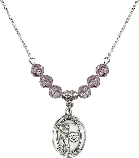 Sterling Silver Saint Christopher/Golf Birthstone Necklace with Light Amethyst Beads - 8506