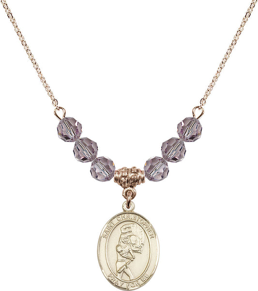 14kt Gold Filled Saint Christopher/Softball Birthstone Necklace with Light Amethyst Beads - 8507