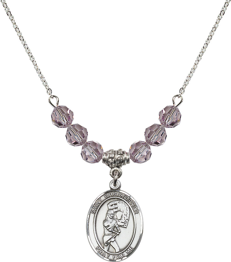 Sterling Silver Saint Christopher/Softball Birthstone Necklace with Light Amethyst Beads - 8507