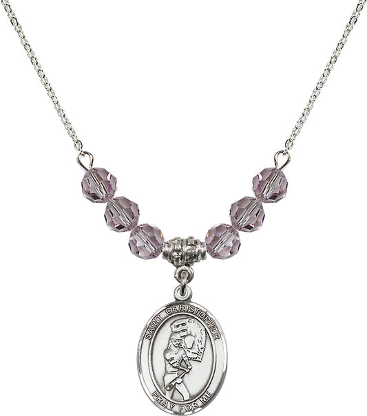 Sterling Silver Saint Christopher/Softball Birthstone Necklace with Light Amethyst Beads - 8507