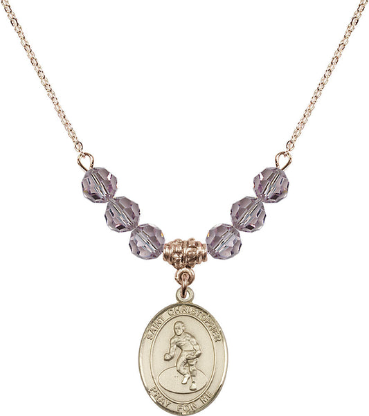 14kt Gold Filled Saint Christopher/Wrestling Birthstone Necklace with Light Amethyst Beads - 8508