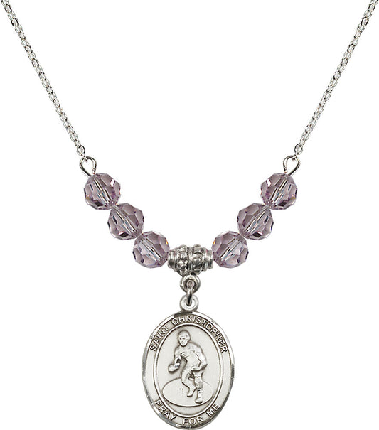Sterling Silver Saint Christopher/Wrestling Birthstone Necklace with Light Amethyst Beads - 8508