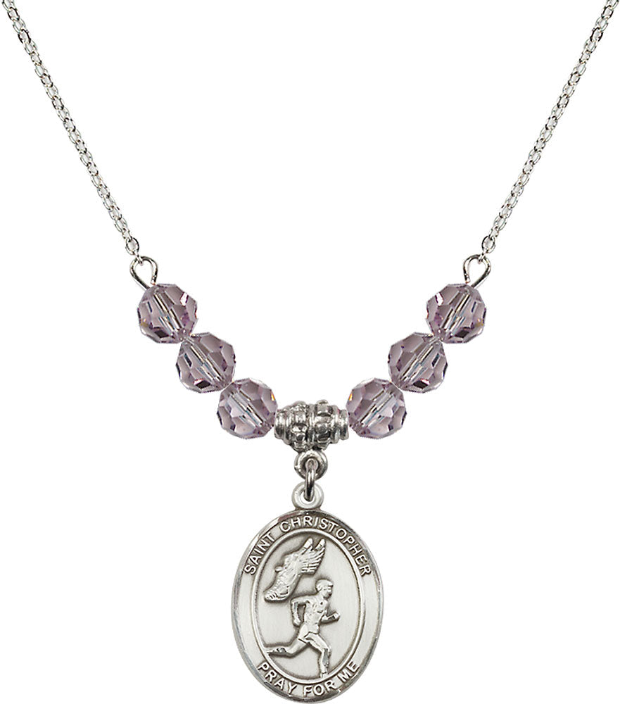 Sterling Silver Saint Christopher/Track&Field-Men Birthstone Necklace with Light Amethyst Beads - 8509