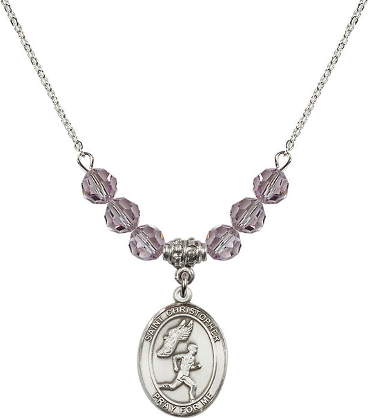 Sterling Silver Saint Christopher/Track&Field-Men Birthstone Necklace with Light Amethyst Beads - 8509