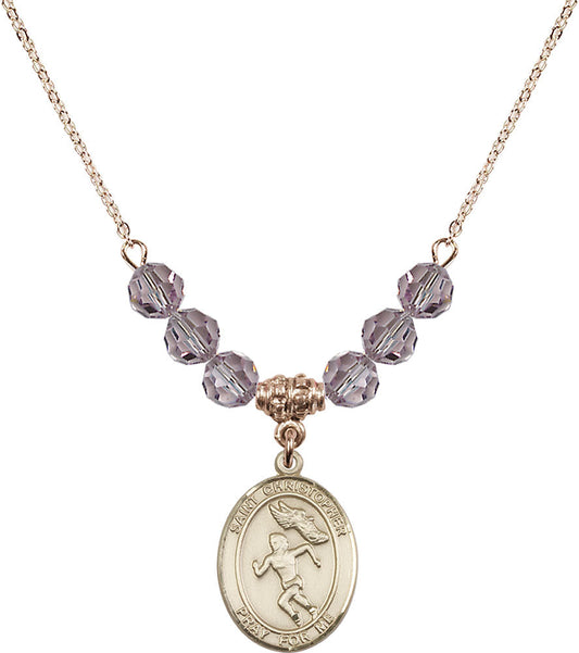 14kt Gold Filled Saint Christopher/Track&Field-Women Birthstone Necklace with Light Amethyst Beads - 8510