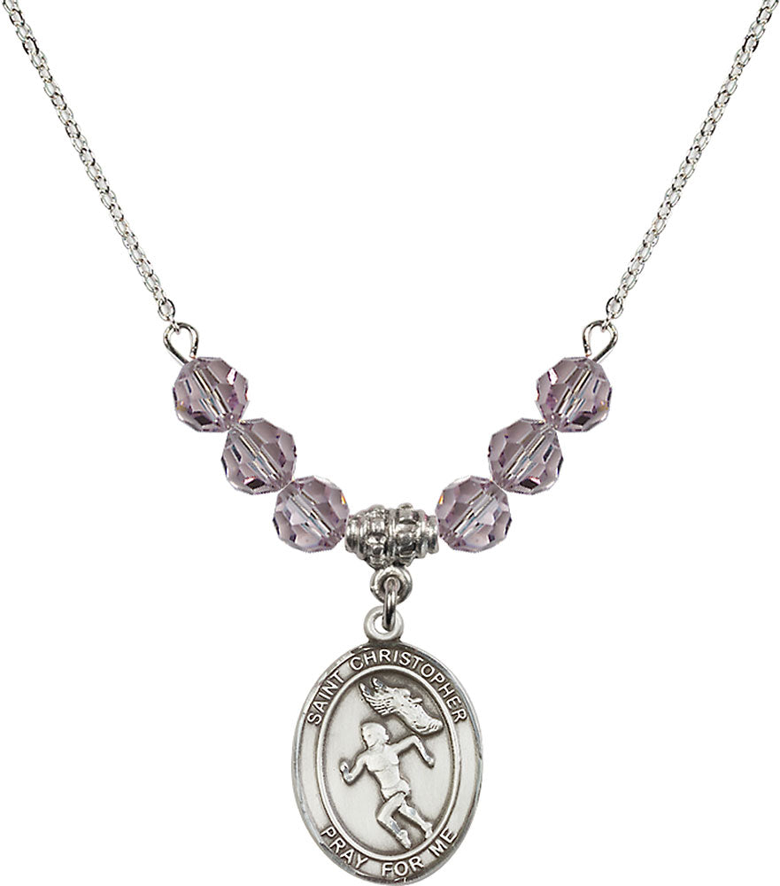 Sterling Silver Saint Christopher/Track&Field-Women Birthstone Necklace with Light Amethyst Beads - 8510