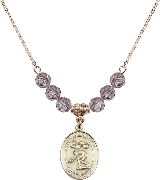 14kt Gold Filled Saint Christopher/Swimming Birthstone Necklace with Light Amethyst Beads - 8511
