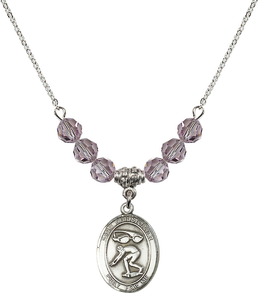 Sterling Silver Saint Christopher/Swimming Birthstone Necklace with Light Amethyst Beads - 8511